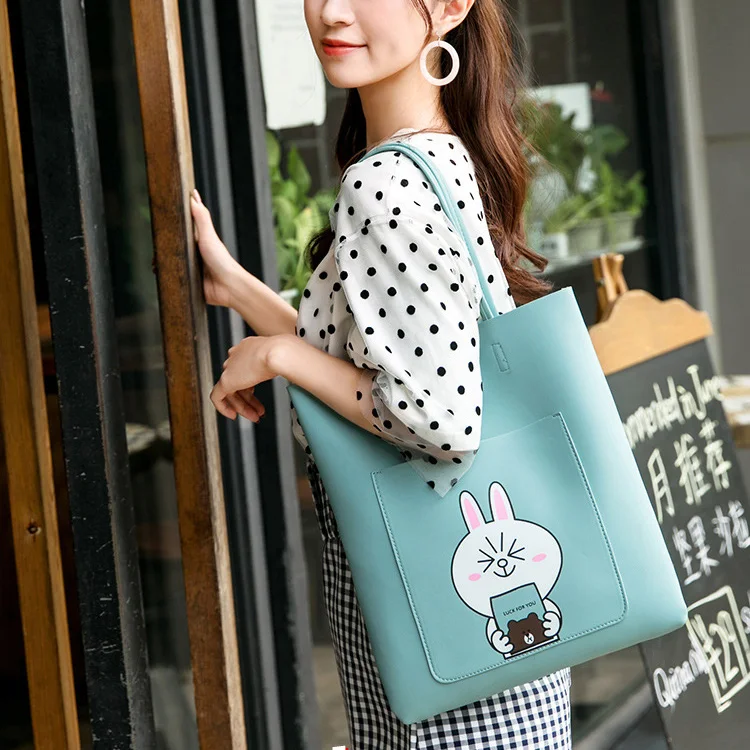 

women designer handbag female kpop cartoon anime bear rabbit leather shoulder tote bag shopper bag tablet phone book organizer