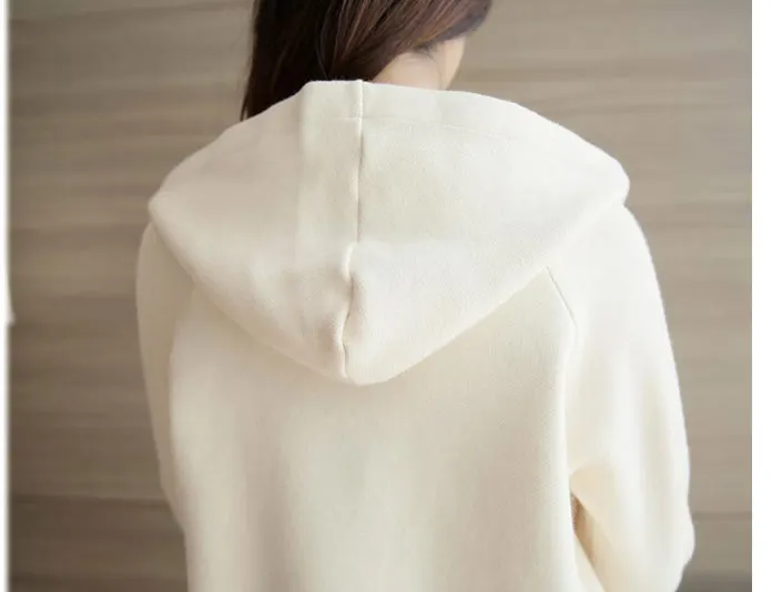 Autumn Winter Fashion Solid Color Hooded Wool Blends Cardigan Women Casual Open Stitch Knitted Sweater Cardigans