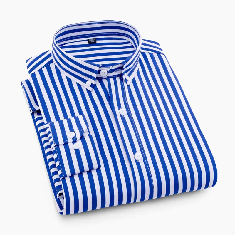 T07 Blue-stripes Высокое качество, мужская деловая Повседневная рубашка нового размера плюс с длинным рукавом, Классическая полосатая мужская деловая одежда, рубашки 5XL, облегающие, не железные - Цвет: T07 Blue-stripes