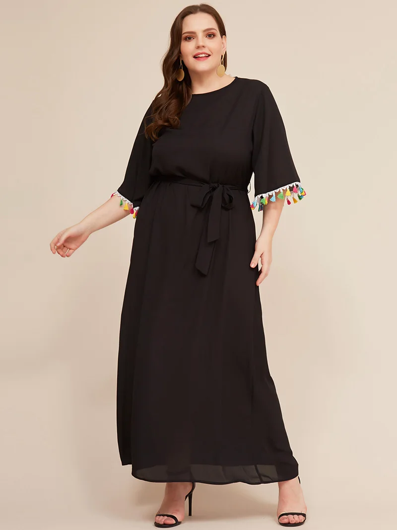 Платья размера плюс, 5XL, женское свободное повседневное Макси-Платье с расклешенными рукавами и высокой талией, элегантное черное платье с поясом и кисточками, женское Бандажное платье