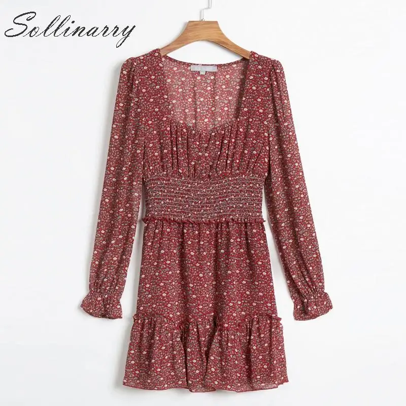 Sollinarry винтажные цветочные короткие платья с длинным рукавом Женские 2019