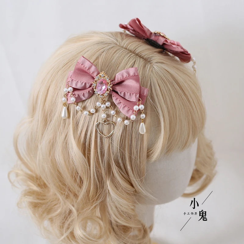 Original Hand-Made Tea Party Lolita Hairpin Cute Sweet Bow Pearl Chain Headwear Princess Cosplay Lolita Halloween Headdress