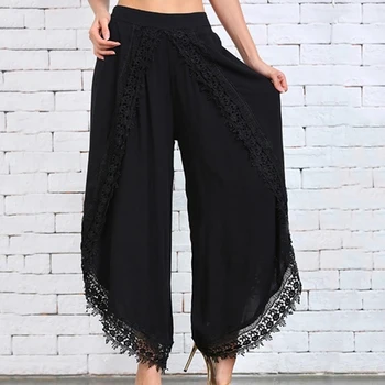 

New Sexy Lace Patchwork Women Beach Pants Sheer Wide Leg Pants Sea Holiday Irregular Trouser Pantalon