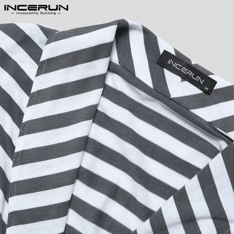 INCERUN Мужская Ночная рубашка в полоску с нагрудным карманом, модный длинный рукав, свободный пояс, длинный абзац, халат высокого качества