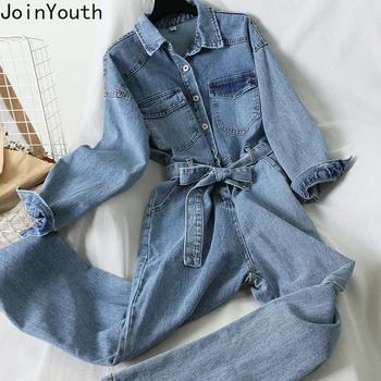 

Joinyouth Women Turn Down Collar Long Sleeve Casual Demin Jumpsuit Lace Up Slim Waist Jeans Spring Jeans Jumpsuit Romper 58742