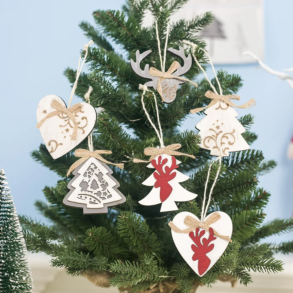 

3pcs/set Wooden Painted Carved Bowknot Christmas Tree Pendant Stars Heart Elk New Year Xmas Tree Hanging Ornaments