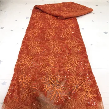 

African stones Lace Fabric 2020 orange High Quality Nigerian French Lace Fabric With Sequins Sew Embroidered Applique For Party