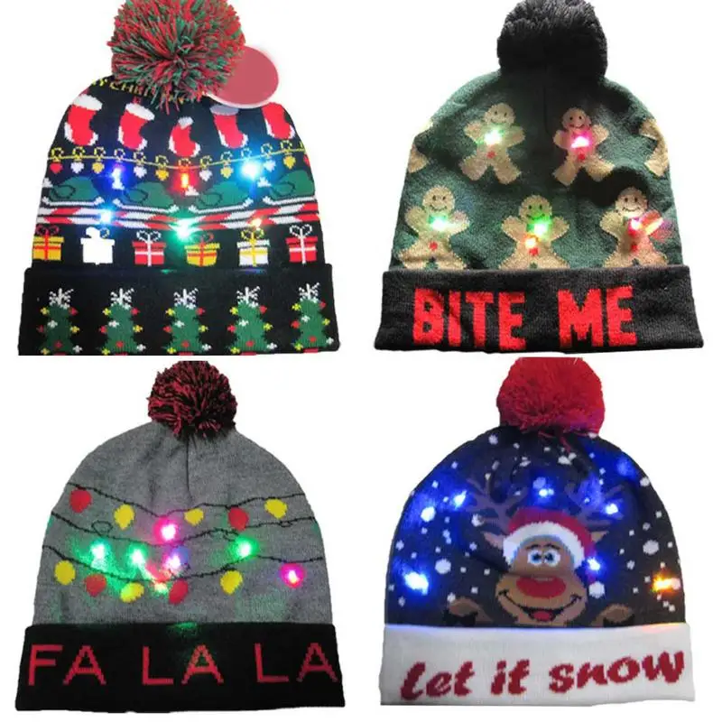 

LED Light Knitted Christmas Hat Colorful Dazzling Lights Knitted Hat Snowman Pattern Hat with LED Lights