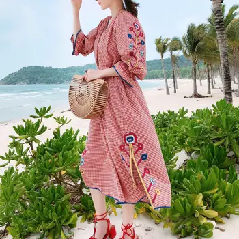 

HAMALIEL Sole Designer Holiday Beach Dress New 2019 Summer Women Red Palid Embroidery Floral Tassel Casual Loose Split Vestidos