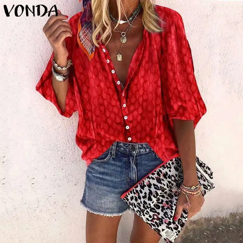 VONDA, Женская туника, летняя блузка, Ретро стиль, 3/4 рукав, с принтом, топы,, повседневные, свободные, пляжные рубашки, офисные, Blusa Femininas размера плюс