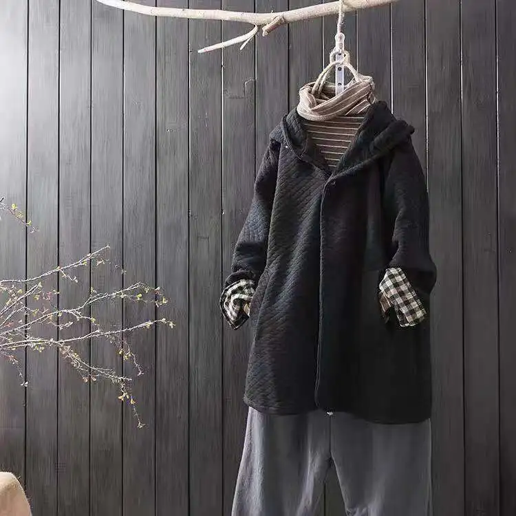 Retro Literature And Art Plaid Thick Hooded Cardigan Women's Loose-Fit Winter Compressed Cotton Quilting Coat Mid-length Long Sl
