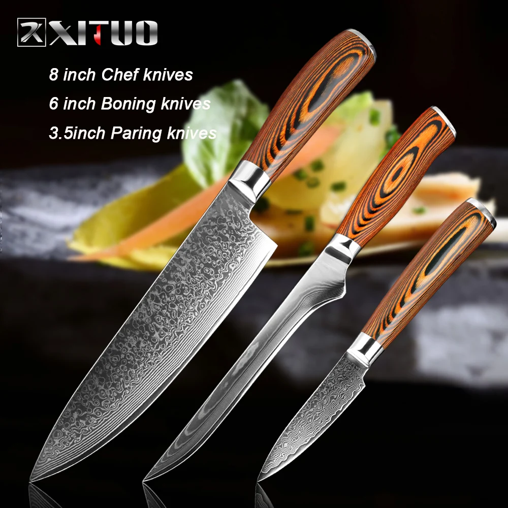 XITUO нож шеф-повара 4 шт. набор дамасской стали 67 слоев стали santoku нож для нарезки обвалки кухонный нож Pakka с деревянной ручкой - Цвет: 3 PCS