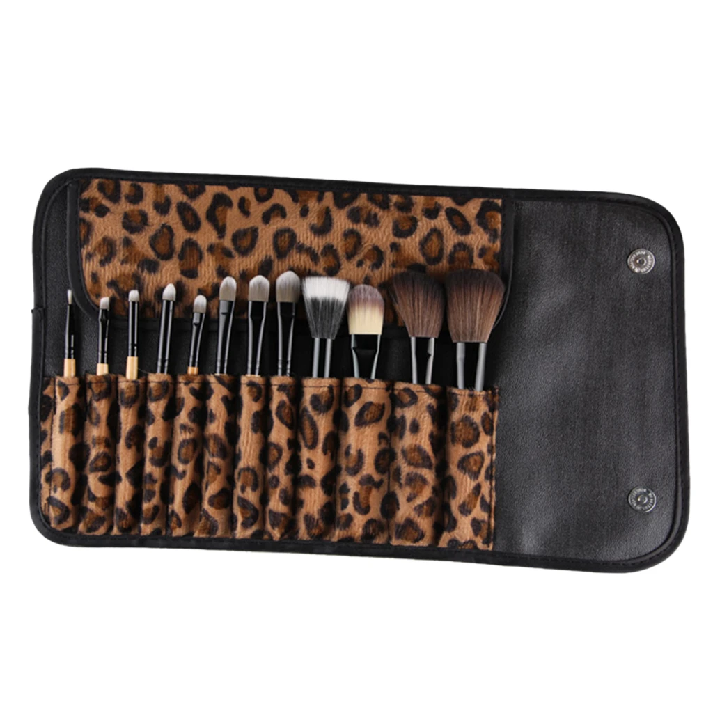 12 WOOD Makeup Brush Set Kabuki Foundation Eyeshadow Kit + Leopard Print Bag