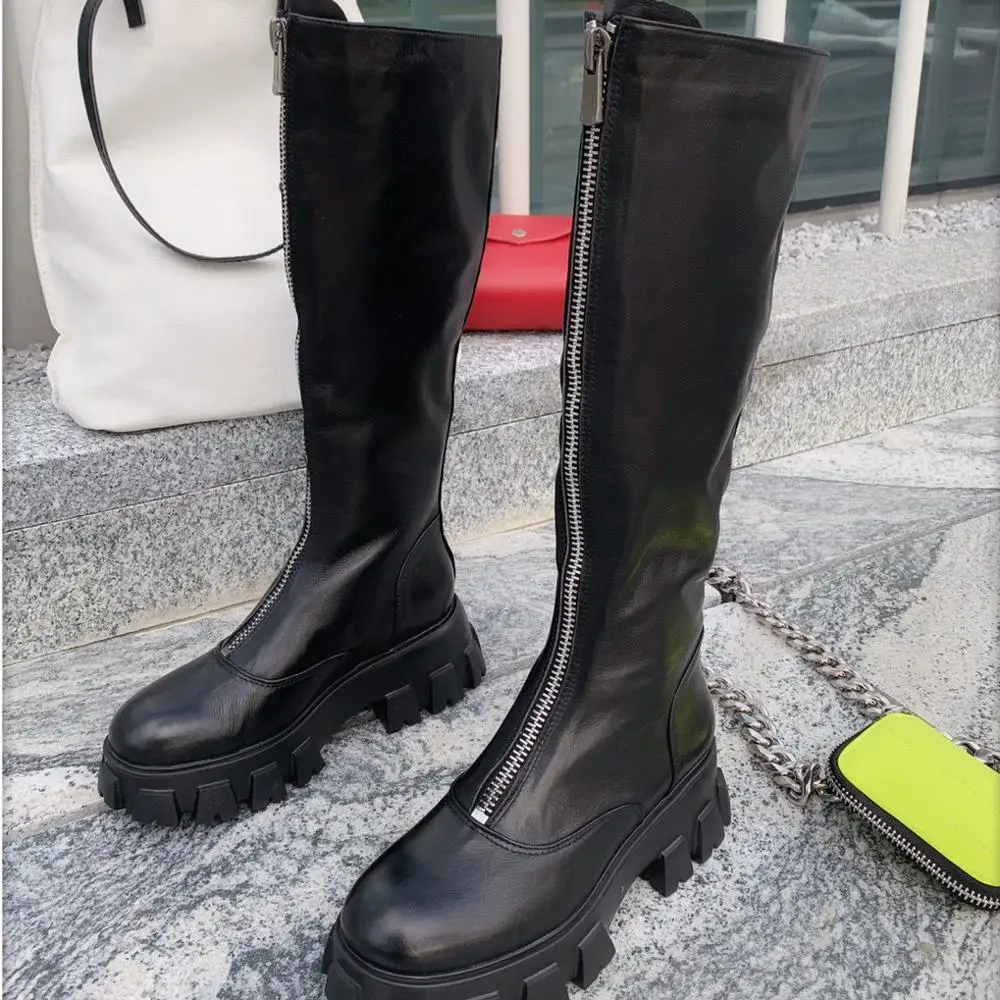 Лидер продаж; Botas Mujer; высокие сапоги из коровьей кожи; сапоги до колена на платформе и каблуке; сапоги на молнии; женские сапоги на низком каблуке с круглым носком