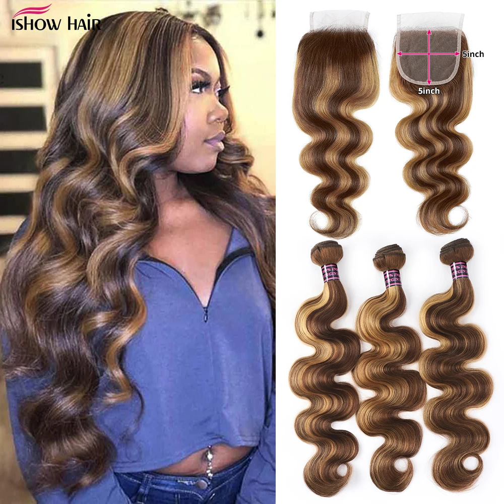 Ishow Highlight Colored Human Hair Bundles With 5X5 Closure P4/27 Body
