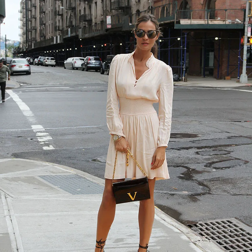 

Vintage Elegant Wrinkle Women Midi Dress Fall 2019 Wrinkle Zipper Waveslelvedge Ruffle Elastic Princess Dresses Casual Dress