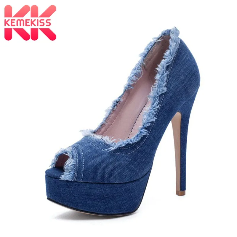 

KemeKiss Fashion Denim Women Pumps Super High Heel Shoes For Women Open Toe Sexy Platform Stilettos Party Footwear Size 33-43