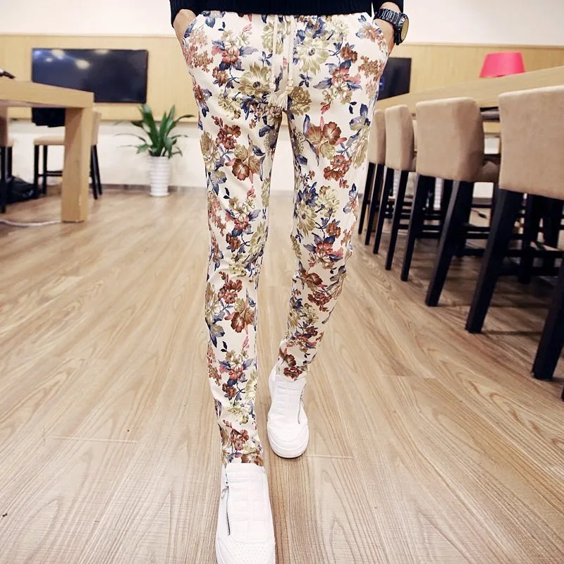 Мужские длинные брюки с цветочным принтом в народном стиле; повседневные спортивные брюки для бега; Harajuku; уличная одежда; мужские брюки; Клубные вечерние Брюки-карандаш; большие размеры