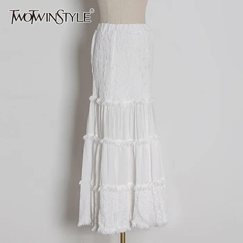 

TWOTWINSTYLE Elegant Patchwork Tassel Women Skirt High Waist Ruched Ruched Ruffle Skirts For Female Fashion Clothing 2020 Tide
