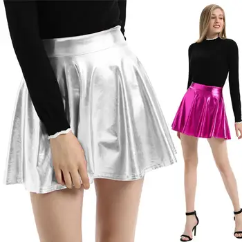

Kate Kasin Women's Club Imitated Leather Shiny Metallic Skater Skirt High Waist Faux Leather Skirt Sexy Mini Flared A-Line Skirt