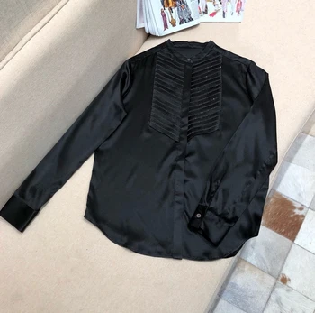 

2019 new ladies fashion long sleeve sexy casual chest stitching bead chain silk shirt 1224