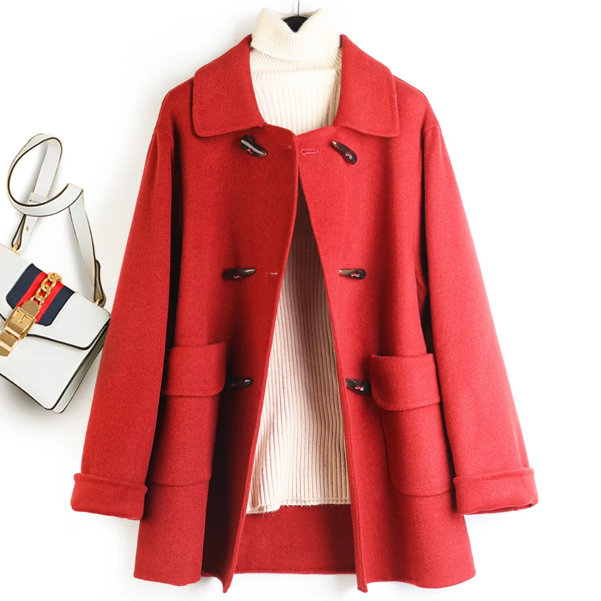 

90% Wool Double Breasted Women Coats Autumn Winter New 2020 Pockets Wide-waisted Button Solid Woolen Coat Wear Outewear