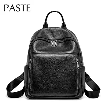 

Leisure Double Zipper Genuine Leather Backpack Female Large Capacity College Bookbag Simple Back Pack Black Youth Travel Bag