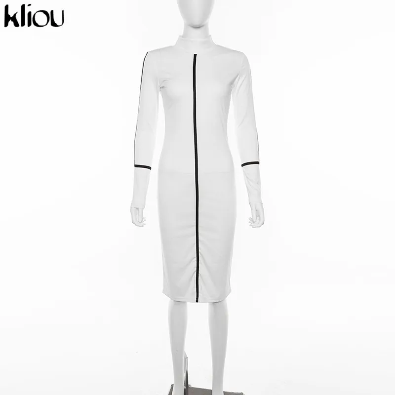 Kliou женское платье с высоким воротом с длинным рукавом Повседневные Длинные платья Модные Полосатые Лоскутные женские обтягивающие одежда для отдыха - Цвет: Белый