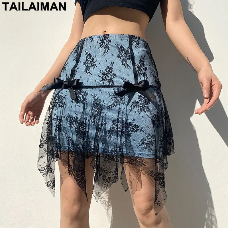 

Explosive Style 2021 New Slim Fashion Irregular Temperament Lace Bow Knot Mesh Stitching Bust Bag Hip Skirt Women's Clothing