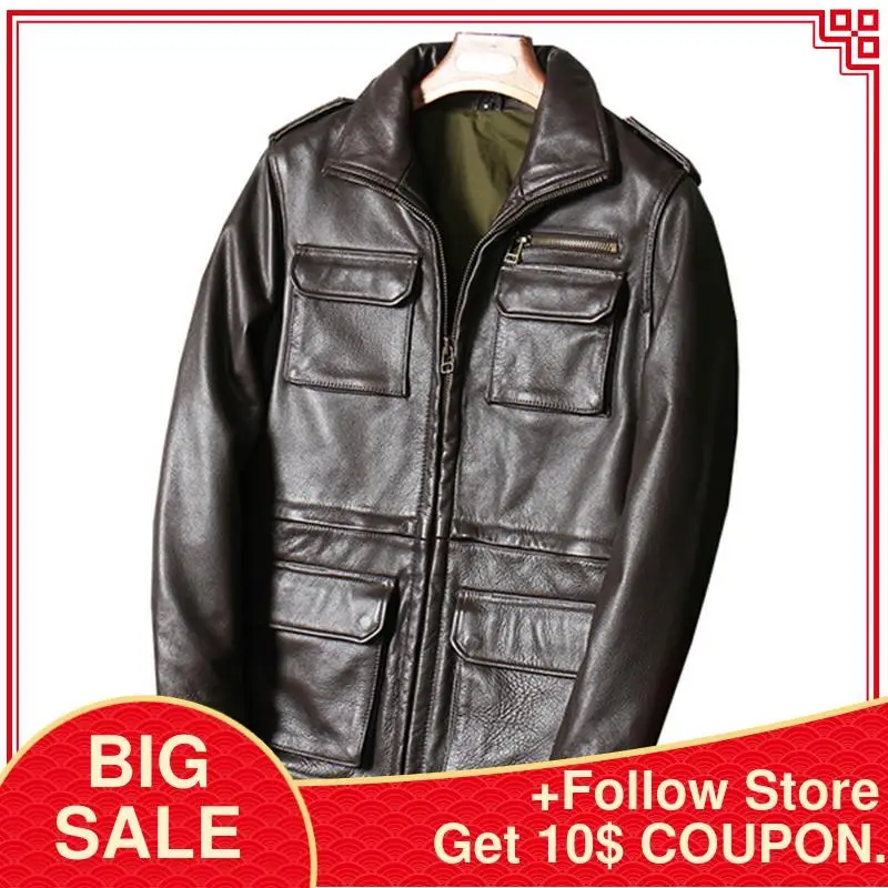 

2020 Brown Russian Casual Leather Jacket Men Four Pockets Plus Size 5XL Genuine Cowhide Autumn Slim Fit Safari Leather Coat