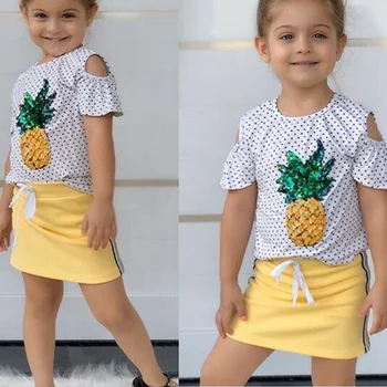 

Toddler Infant Baby Girls Sequin Pineapple Top Cold Sleeve T-shirt Skirt Dress 2Pcs Outfit 1-6T 2020 New Arrival