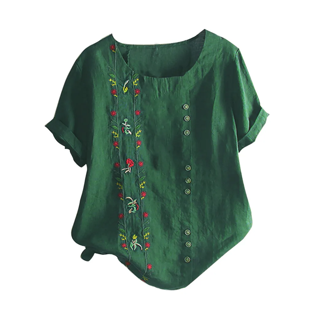Летняя женская блузка размера плюс M-5XL, льняная богемная Свободная Женская блузка с цветочной вышивкой, топы с коротким рукавом