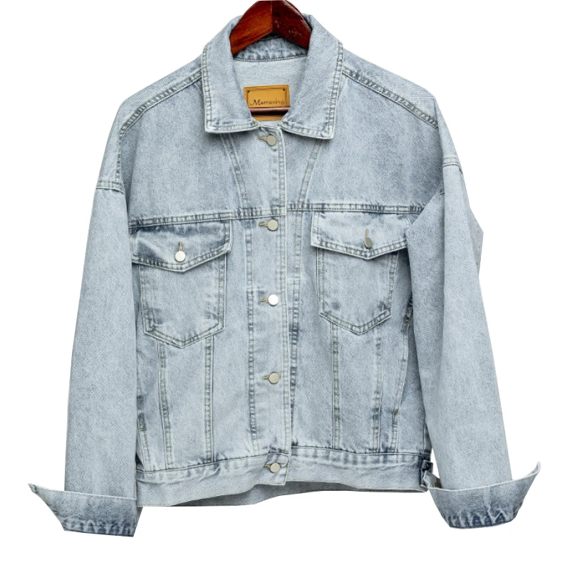 Vintage Women Jacket 2021 Autumn Winter Oversize Denim Jackets Washed Blue Jeans Coat Turn-down Collar Outwear Bomber Jacket