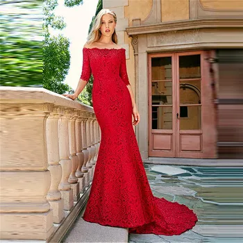

Half Sleeves Red Lace Mermaid Wedding Dress Soft Customized Long Women Bridal Gowns Formal Slim Fitted For Ladies