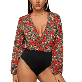 

2020 Women V-neck Long Sleeve Bandage Bodysuit Leotard Tops Jumpsuit