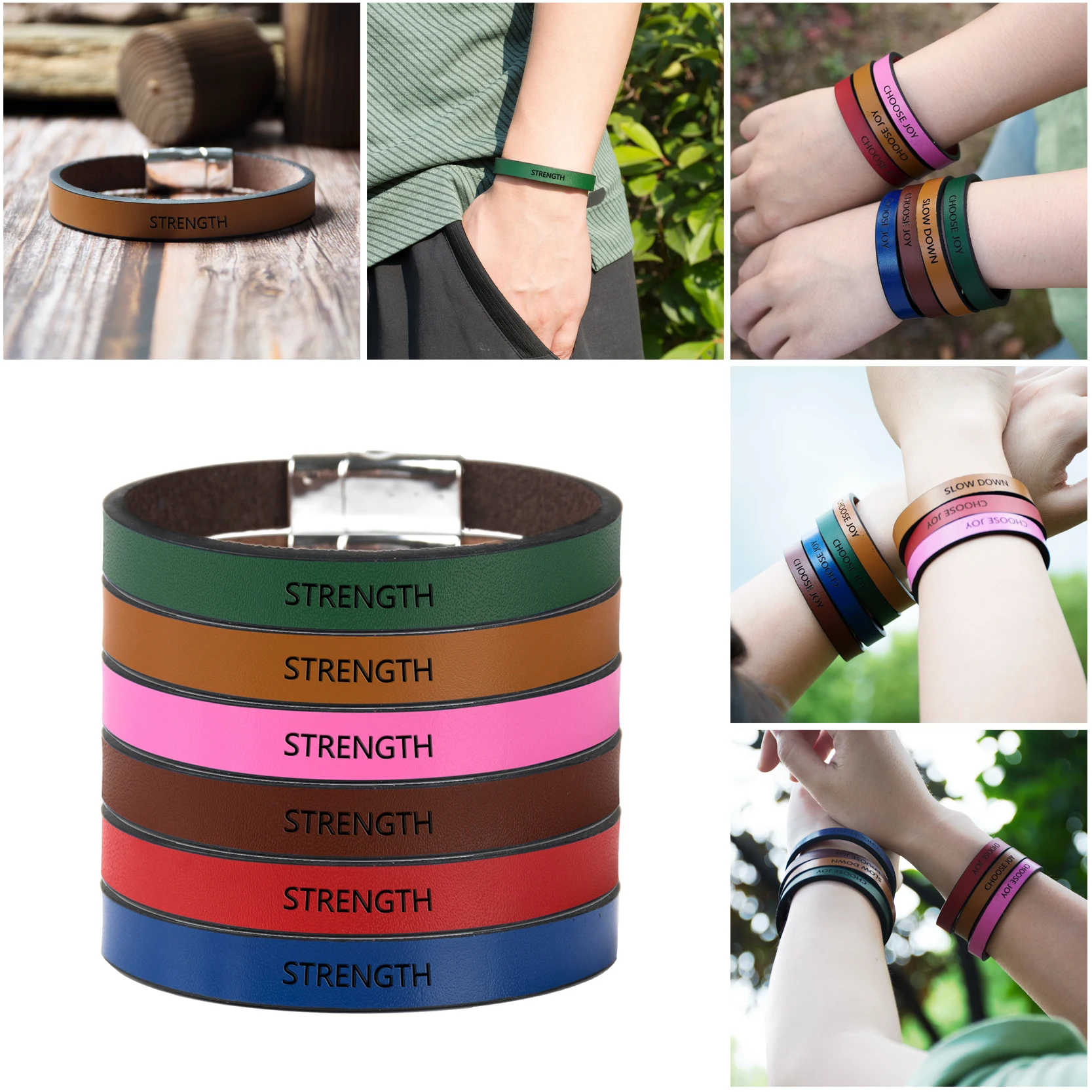 STRENGTH Engraved English Letters Bracelet Magnetic Buckle Leather Inspirational Bracelets Mantra Cuff Bracelet Gift