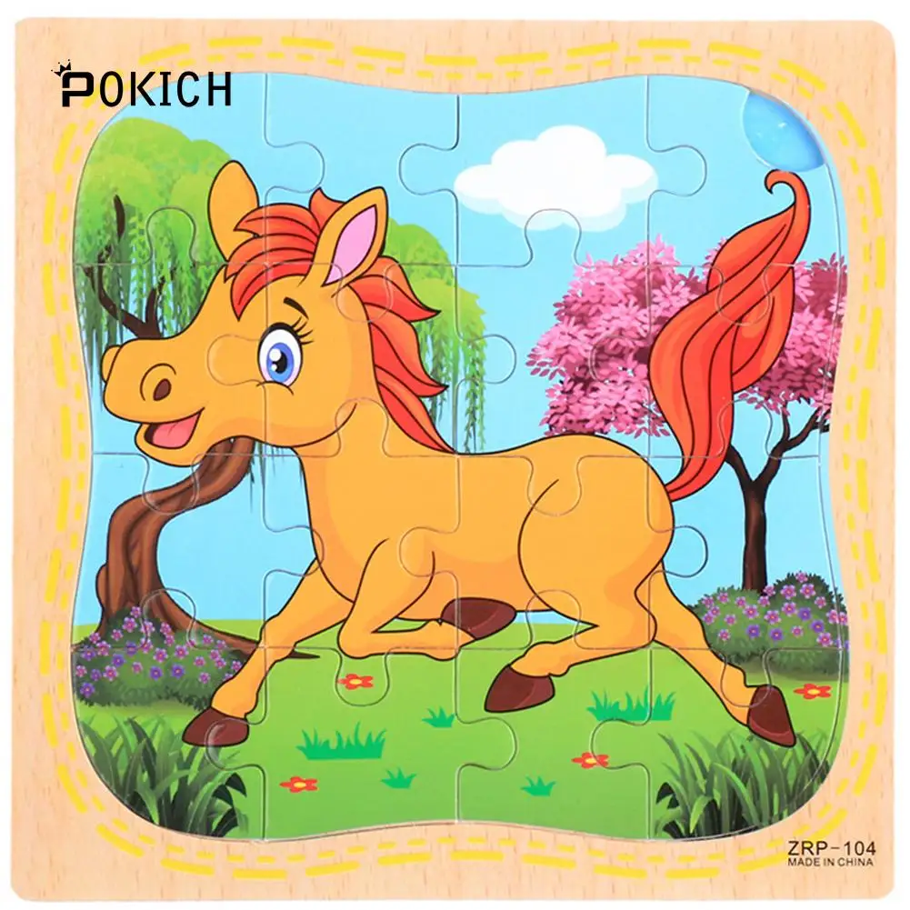 Pokich деревянные пазлы Игрушки 16 шт. дети радость Превосходное качество головоломки мультфильм Животные Развивающие головоломки игрушки для детей
