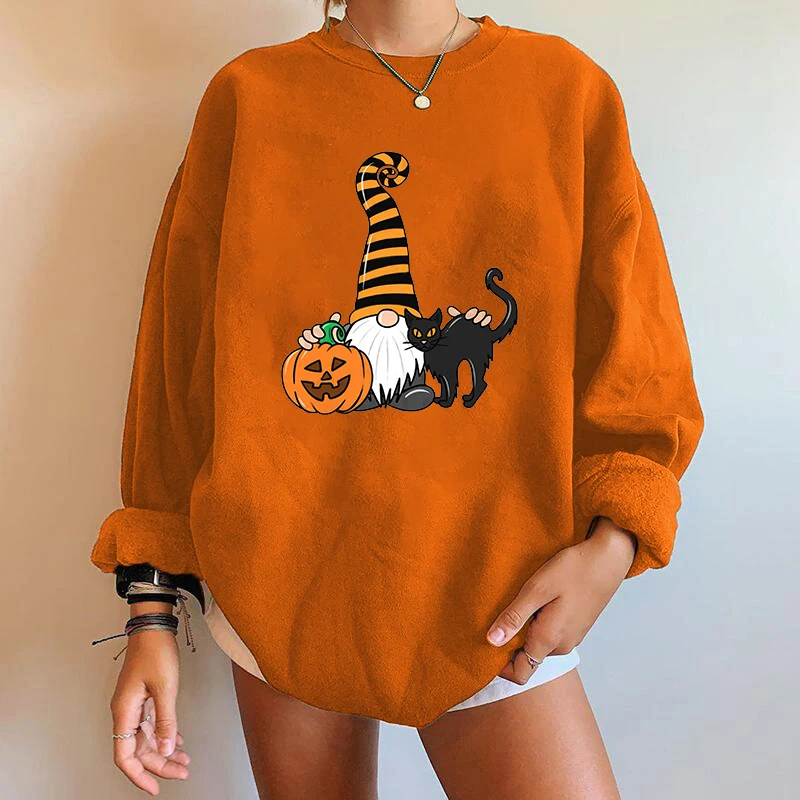 Cute Halloween Sweatshirt Dwarf Pumpkin and Cat Pattern Sweater Harajuku Loose Crewneck Sweatshirt Fashion Unisex Top|Hoodies & Sweatshirts| - AliExpress