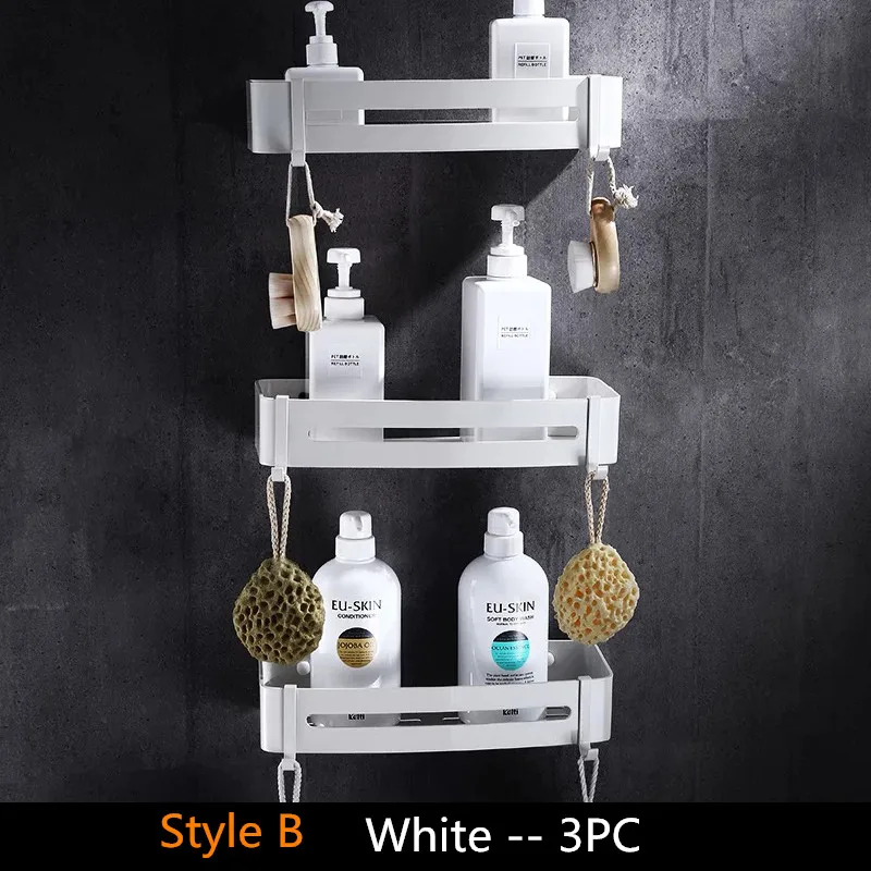 Style B -3pc Белая полка для ванной комнаты, алюминиевая косметическая стойка с 2 крючками, корзина для душа, угловые полки для кухни, держатель для шампуня для ванной - Цвет: Style B -3pc