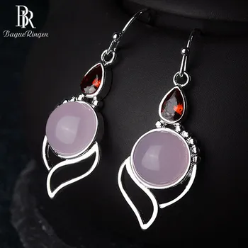 

Bague Ringen 100% Real Silver 925 Drop Earrings With Round Rose Quartz Gemstone Ruby Ethnic Jewelry Woman Party Gift Wholesale