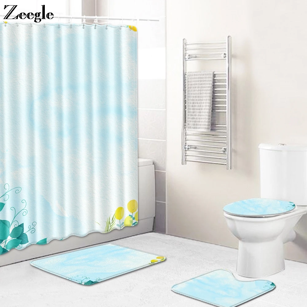 Zeegle 4Pcs Bath Mat Set Toilet Seat Cover Shower Room Doormat Modern Area Soft Rug Anti Slip Carpet Waterproof Curtain | Дом и сад