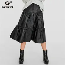 ROHOPO черная юбка миди из искусственной кожи с высокой талией, ниспадающие оборки на пуговицах спереди, Женская шикарная плиссированная кожаная юбка Falda#2586