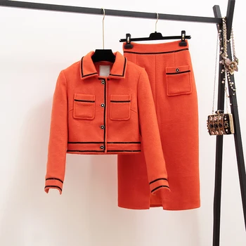 

2019 New Autumn Fashion Ladies Sets Vintage Elegant Woolen Jacket Coat + Medium-long Slim Hip Pencil Skirts Female Suits