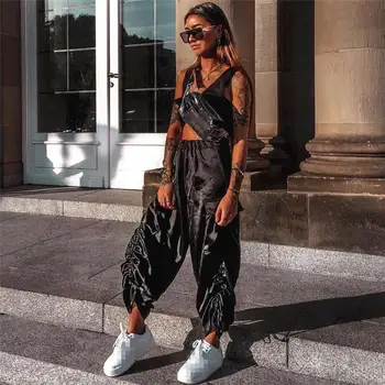 

Women Spring Streetwear Casual High Waist Harem Pants Bottom Satin Loose Pants Drawstring Ruched Black Trousers