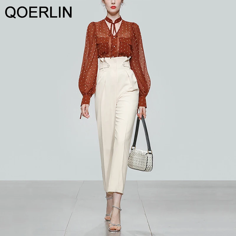 QOERLIN Spring Fall 2022 New Women Fashion Temperament Two-piece Polka Dot Chiffon Shirt Office Ladies Ankle-Length Pants Suits