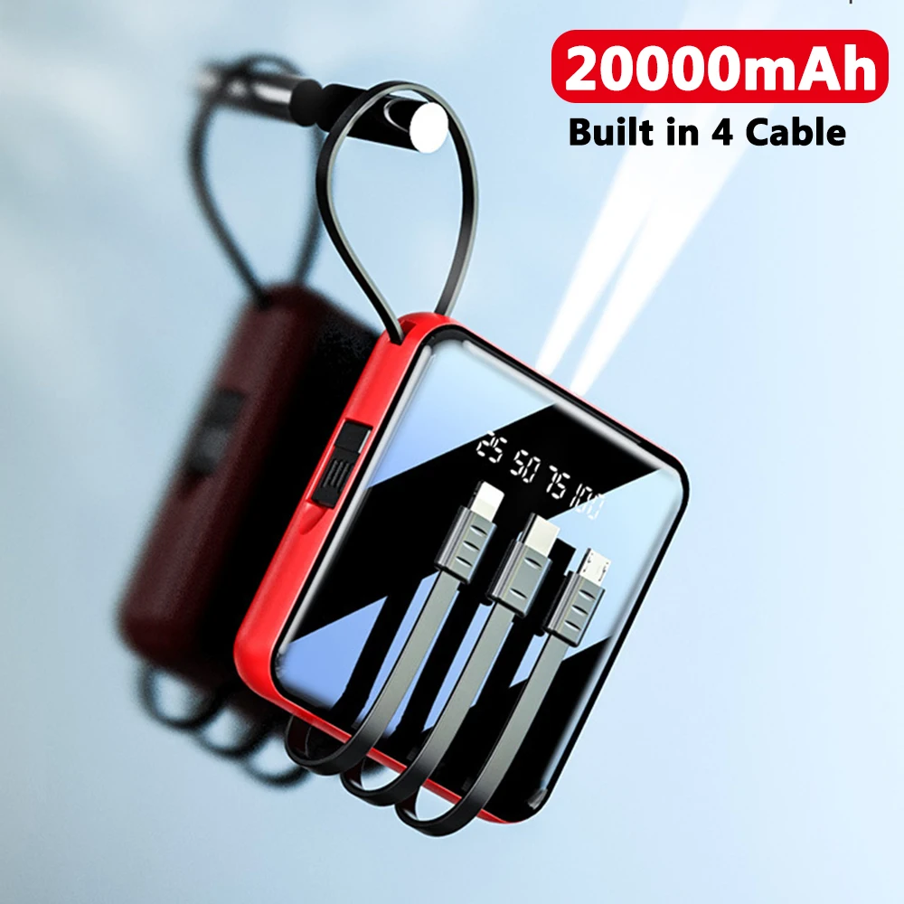 CASEIER-Mini batería portátil de 20000mAh para móvil, powerbank con Cable, linterna LED, carga rápida