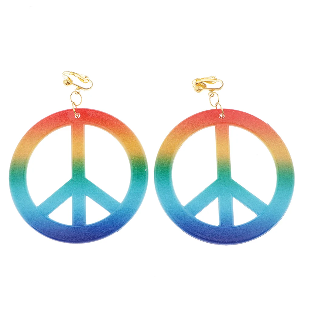 Peace Sign Necklace Earring Hippie Sun Glasses Hippie Costume Accessories Colorful Large Round Earring Necklace and Sunglasses