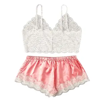 

Women Sexy Lingerie Solid Color Sheer Lace Chemise Deep V Neck Sleepwear Set