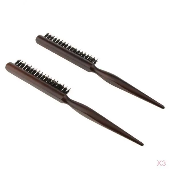 6Pcs 3 Rows Wood Natural Bristle Teasing Comb Brush Back Combing Brush 24cm