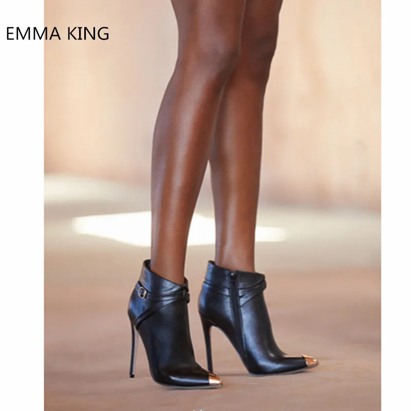 

2019 New Design Metal Pointed Toe Stilettos Chelsea Boots Women Autumn Winter Buckle Strap Side Zipper Fashion High Heels Shoes